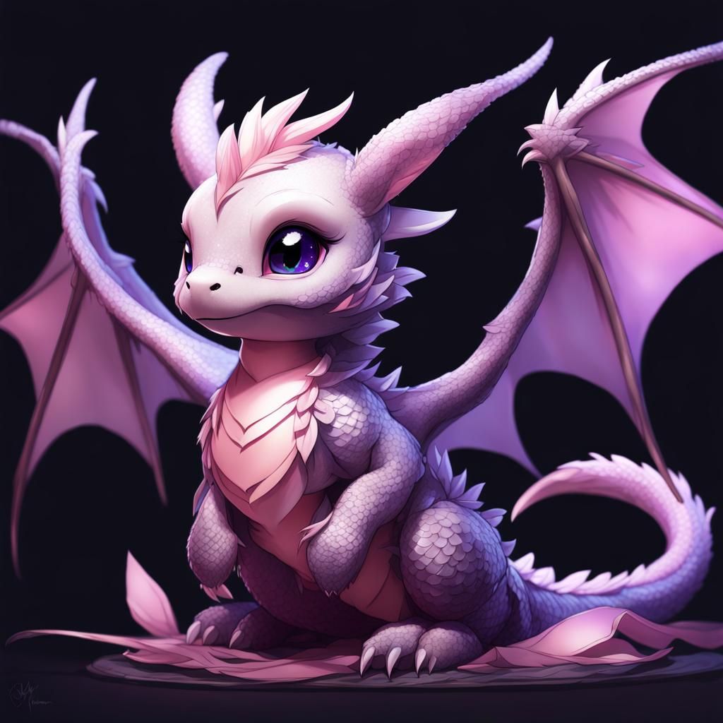 Cute Chibi Dragon with Ribbons, Digital Art
