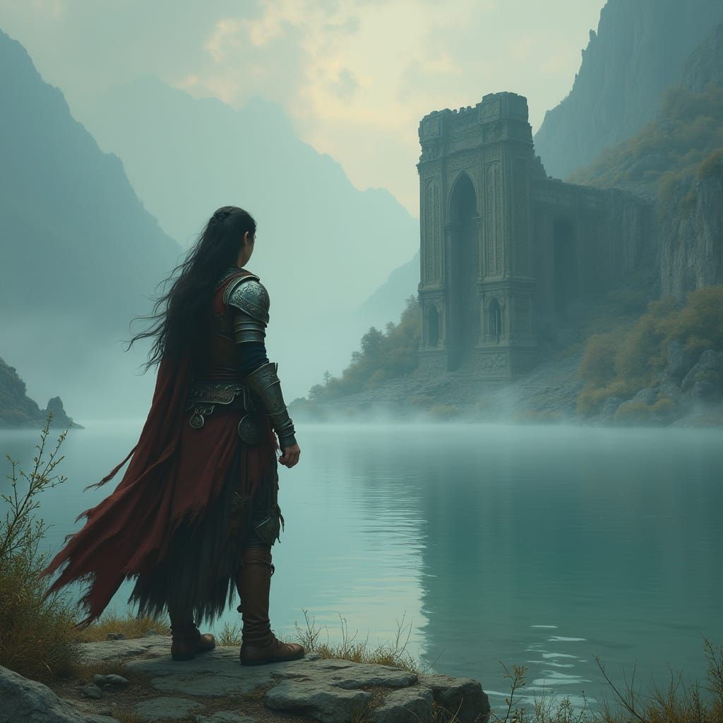 Warrior Woman by Misty Lake with Ancient Temple
