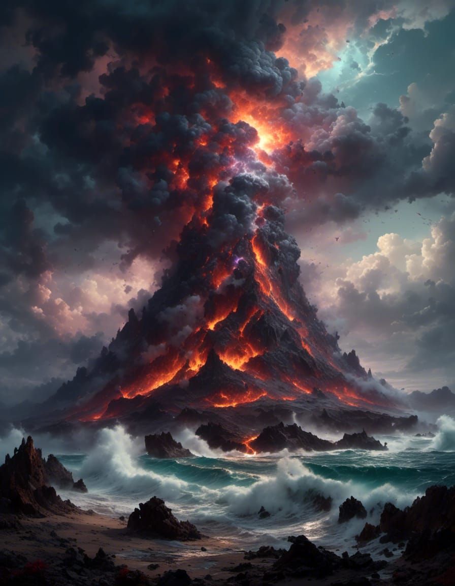 Tropical Island Volcano Eruption in Maximalist Style