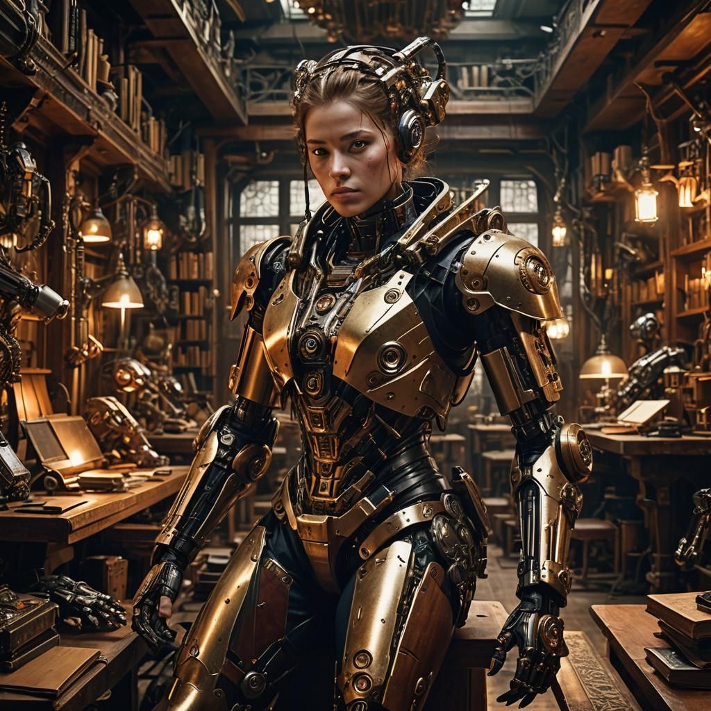 Cyborg in Renaissance Workshop: Cyberpunk Style