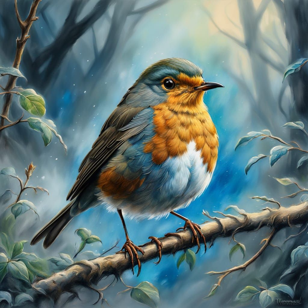 Robin in Mist: Ethereal Gouache Charcoal Drawing