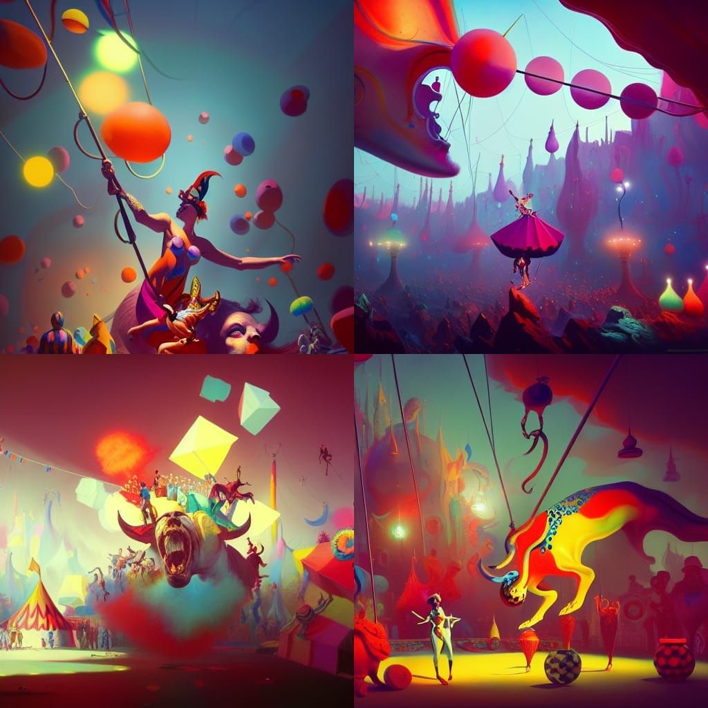 Surrealist Circus Scene in Triadic Colors