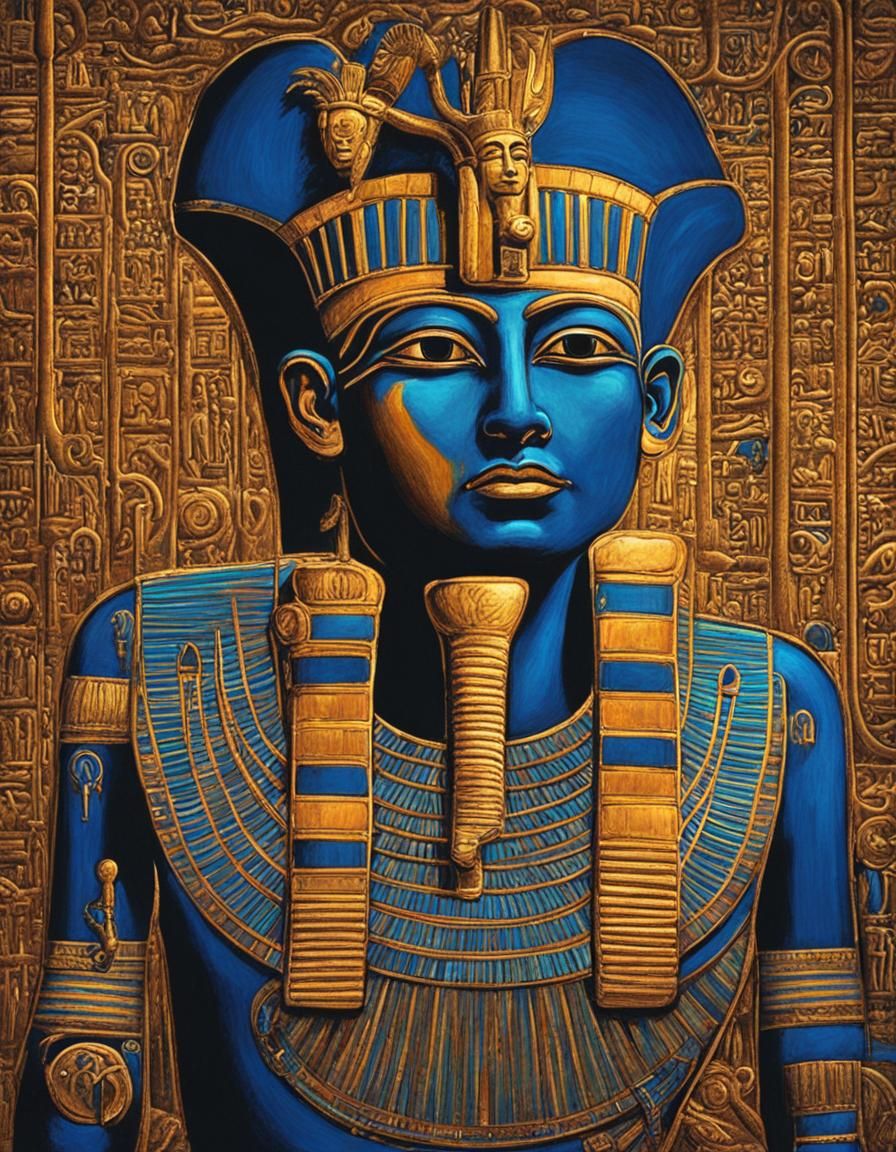 Pharaoh Sesostris I Touches Ptah in Neon Style