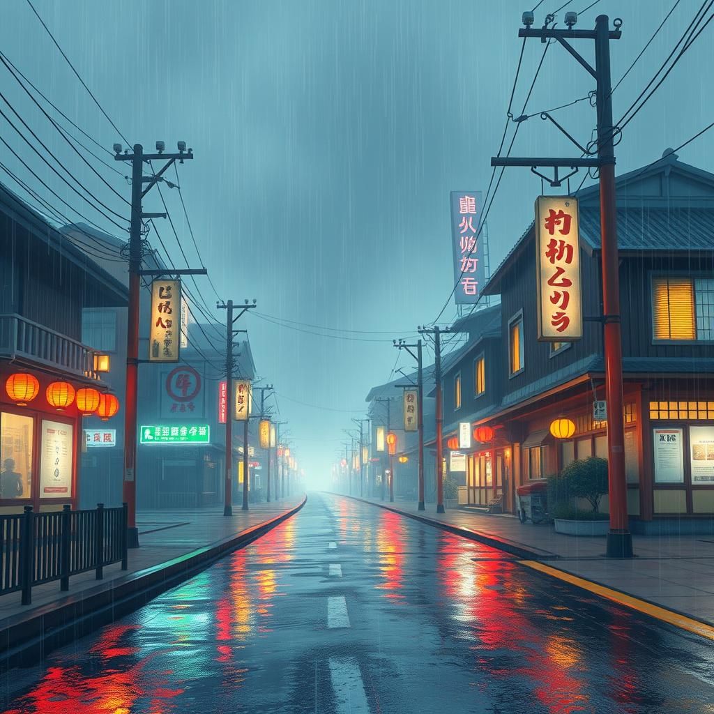 Neon Japanese Cityscape in Rain, Retro-Futuristic Style