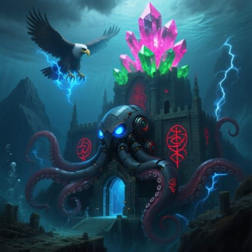 Mechanical Kraken Fortress on Neon Pink Crystal Structure