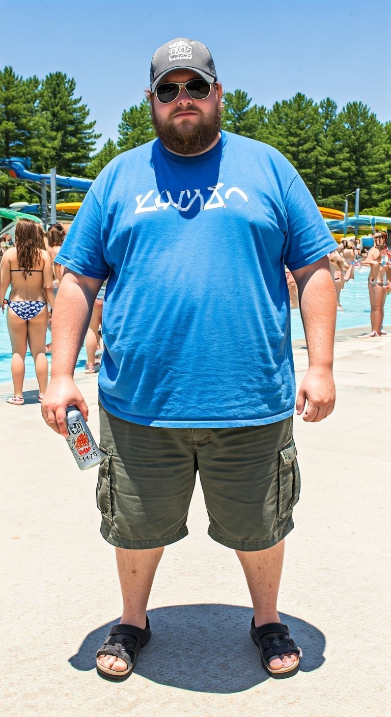 Overweight Dad at Waterpark with Bud Light