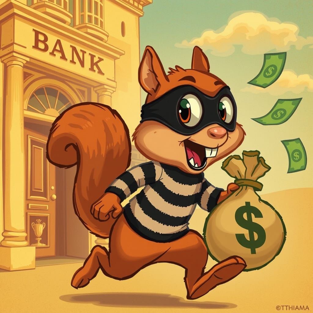 Cartoon Squirrel Burglar Escapes Bank with Loot