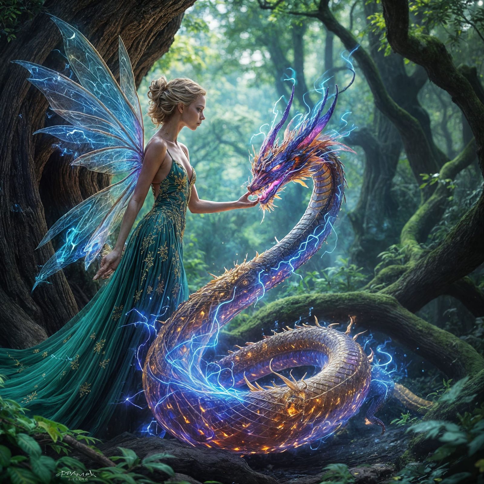 Golden Fairy Taming a Fire Serpent in Hyperreal Style