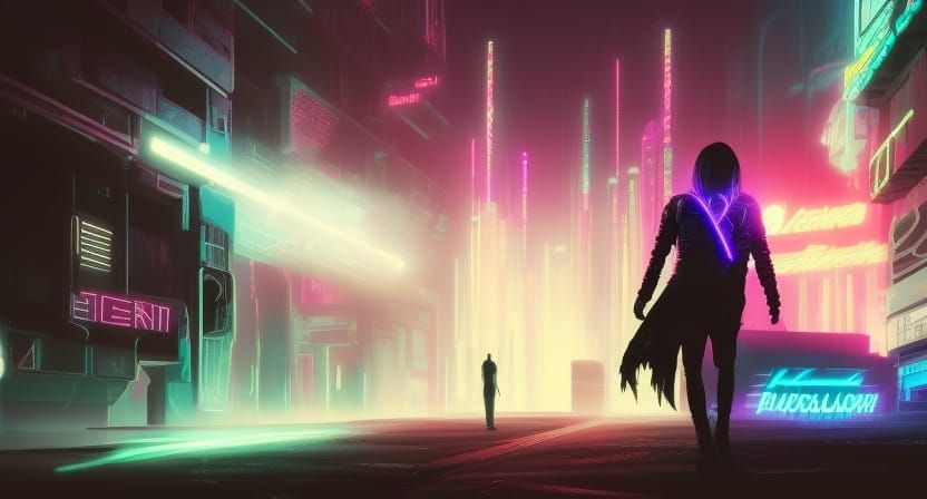 Cyberpunk Warlock's Neon Lightning in Dystopian City