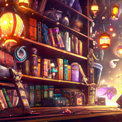Bookshelf with Rubies and Fireflies in Art Nouveau Style