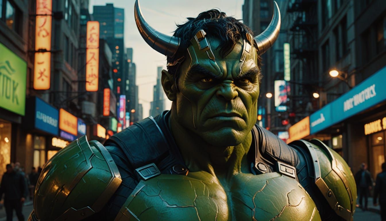 Armored Hulk in Futuristic City, Dark Fantasy Art