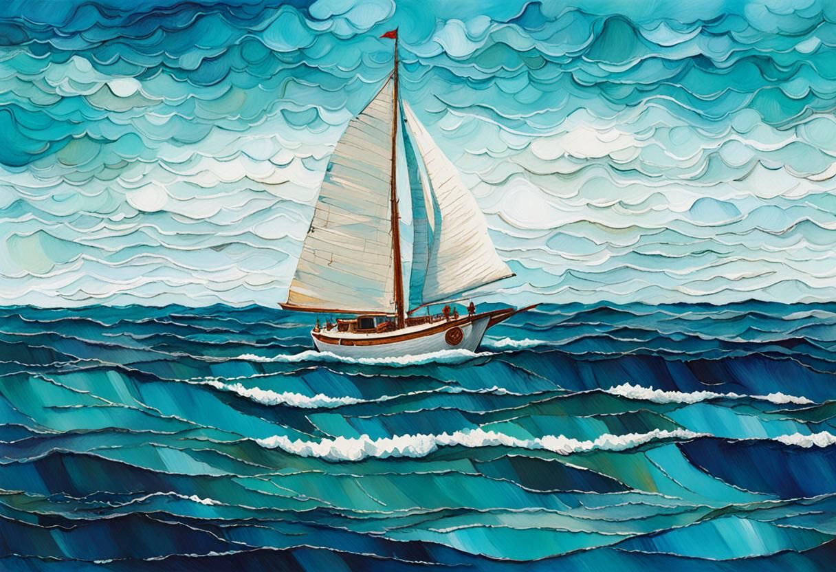 Sailboat on Turquoise Waters in Impasto Style