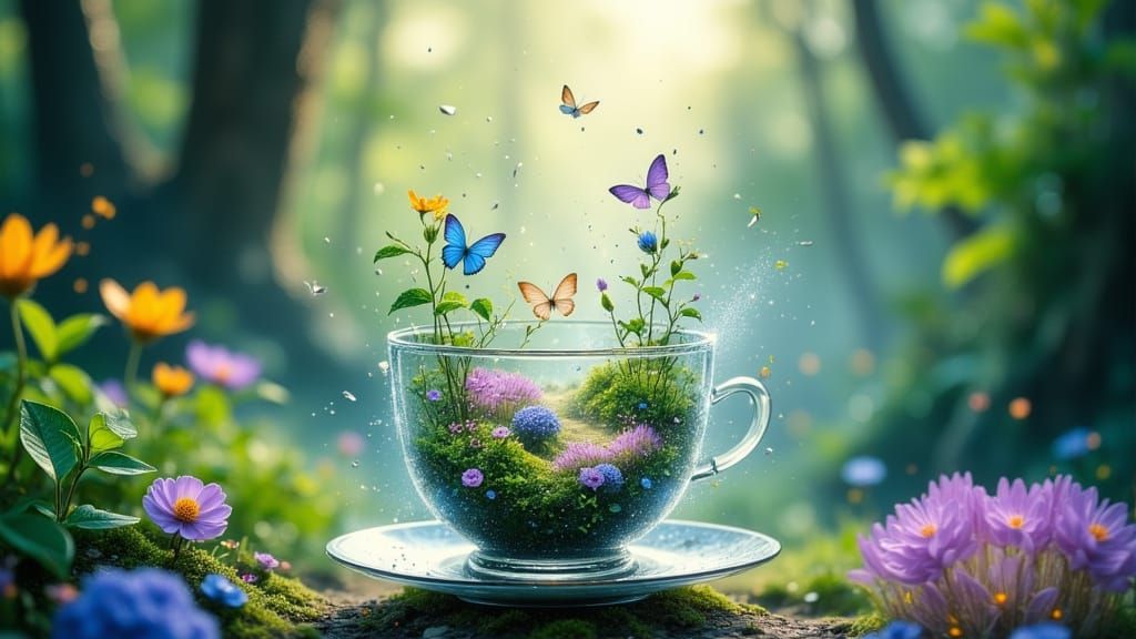 Teacup Garden with Butterflies in Ethereal Light