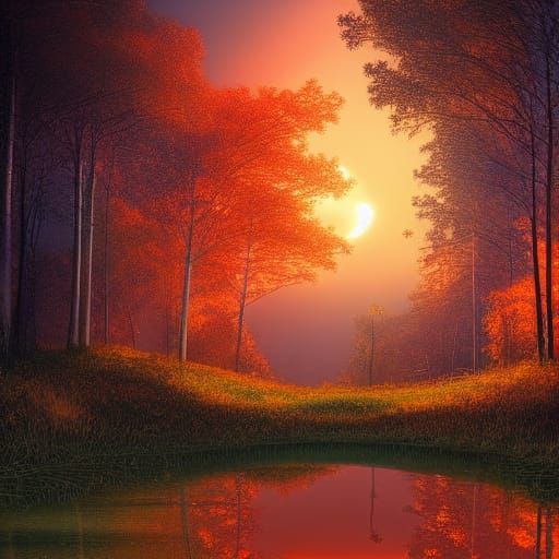 Moon Reflection in Orange Sunset Forest