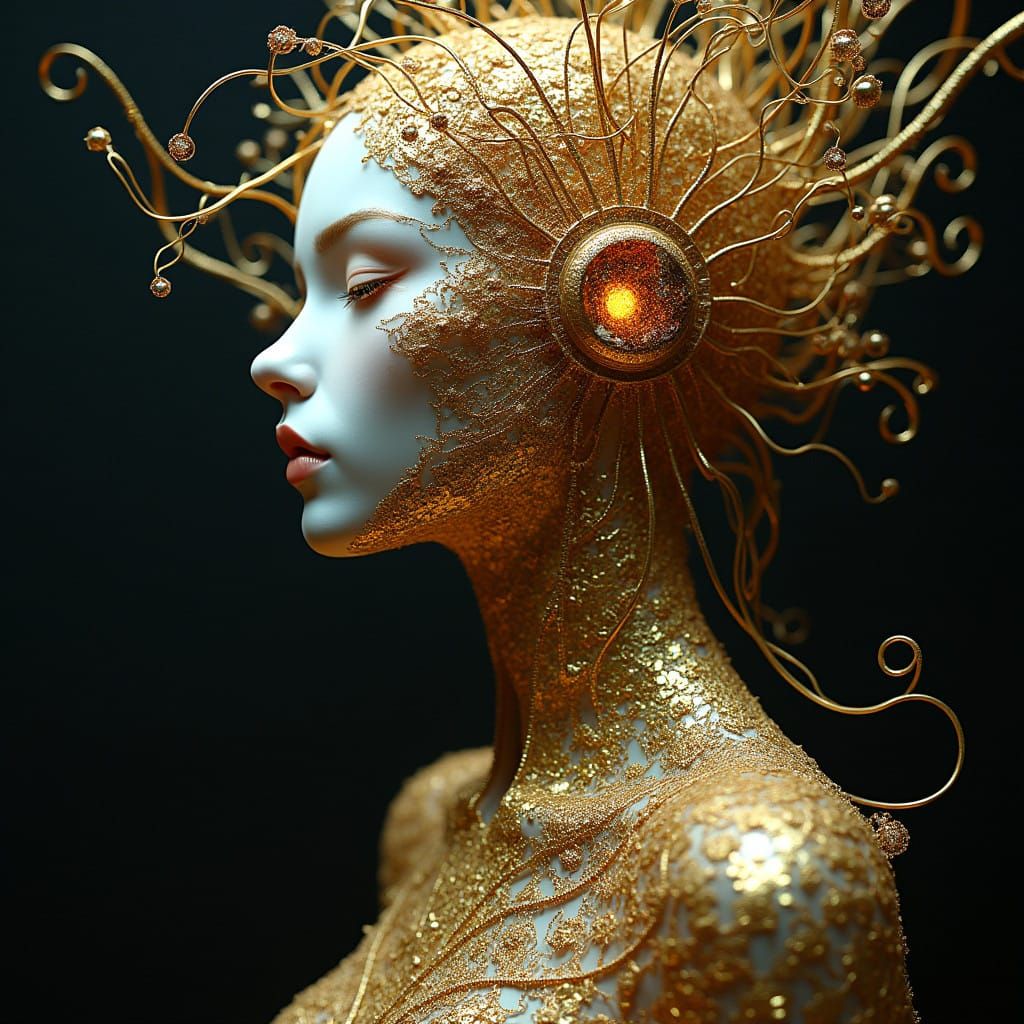 Gilded Cosmic Stranger in Holographic Astral Aesthetic