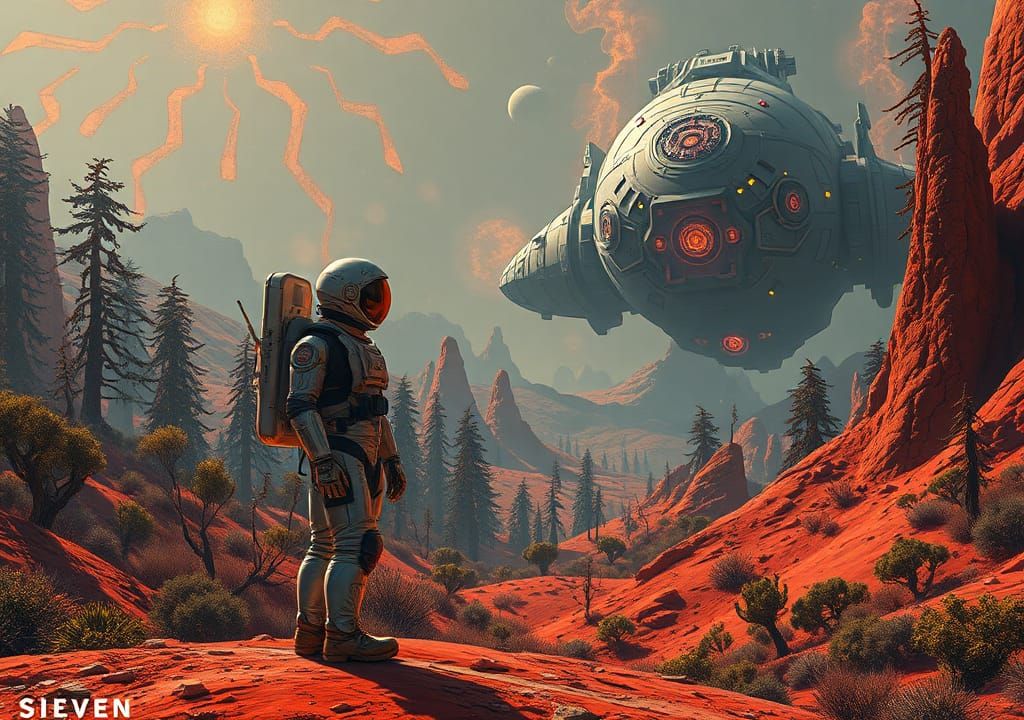 Astronaut on Alien World with Spaceship, in Sci-Fi Style