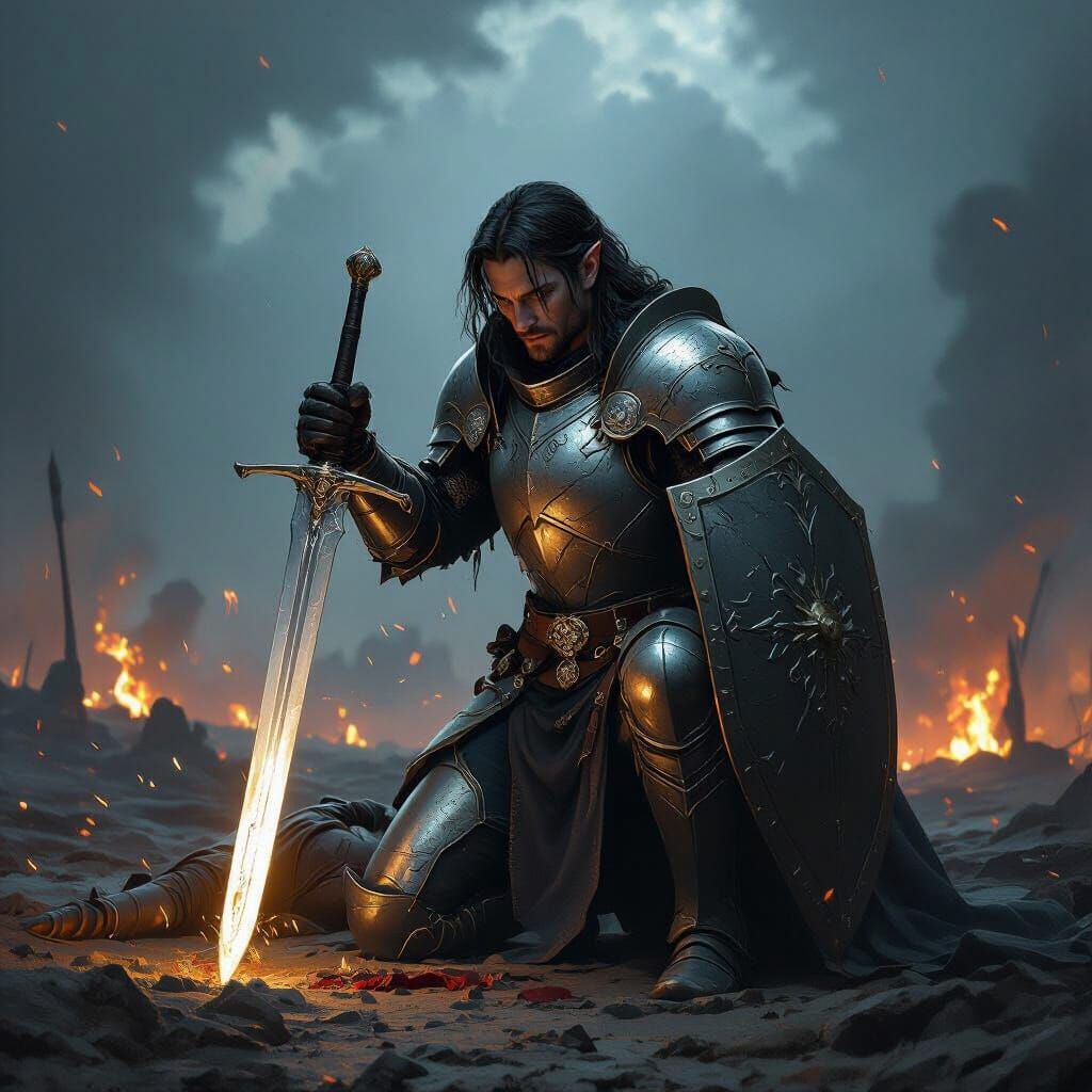 Half-Elf Paladin Kneels Over Fallen Foe