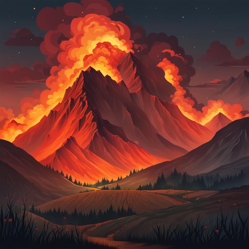 Mountains and Fields Ablaze with Fire
