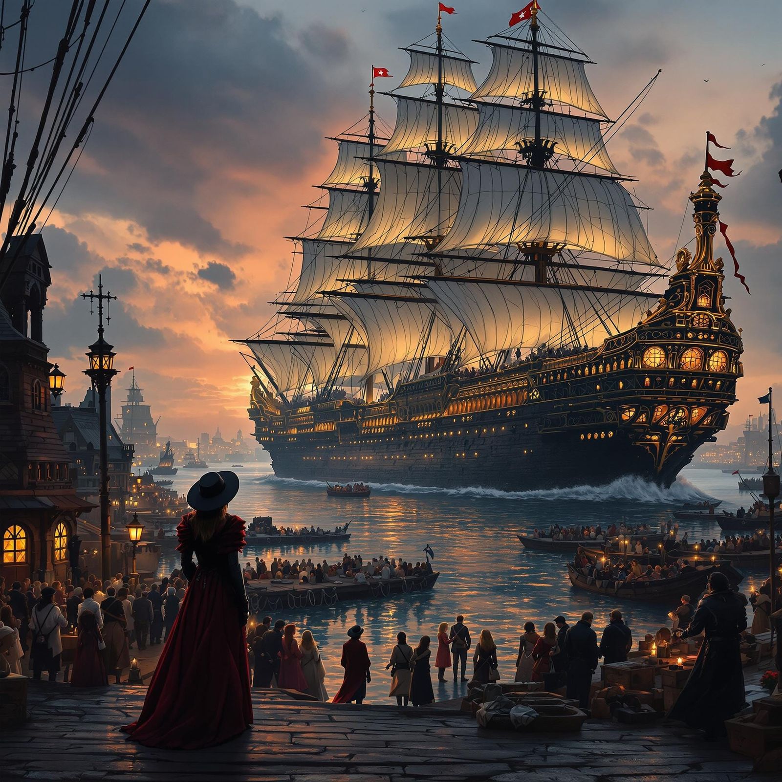 Medieval Port City at Dusk in Golden Light