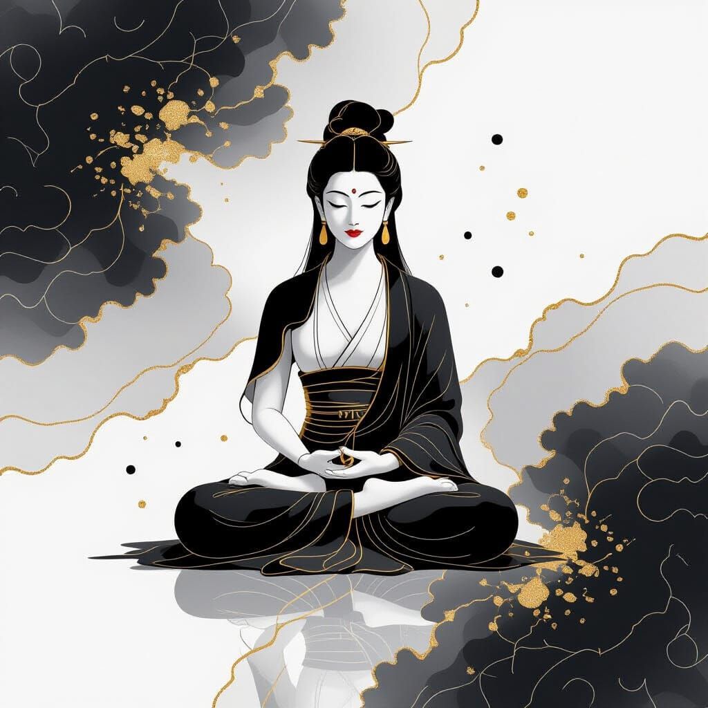 Meditating Devi in Sumi-e Mixed Media with Gold Leaf