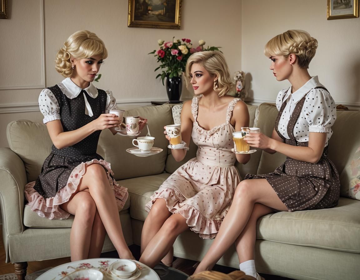 Cross-Dressed Blonde Boy Drinking Tea, Professional Photogra...