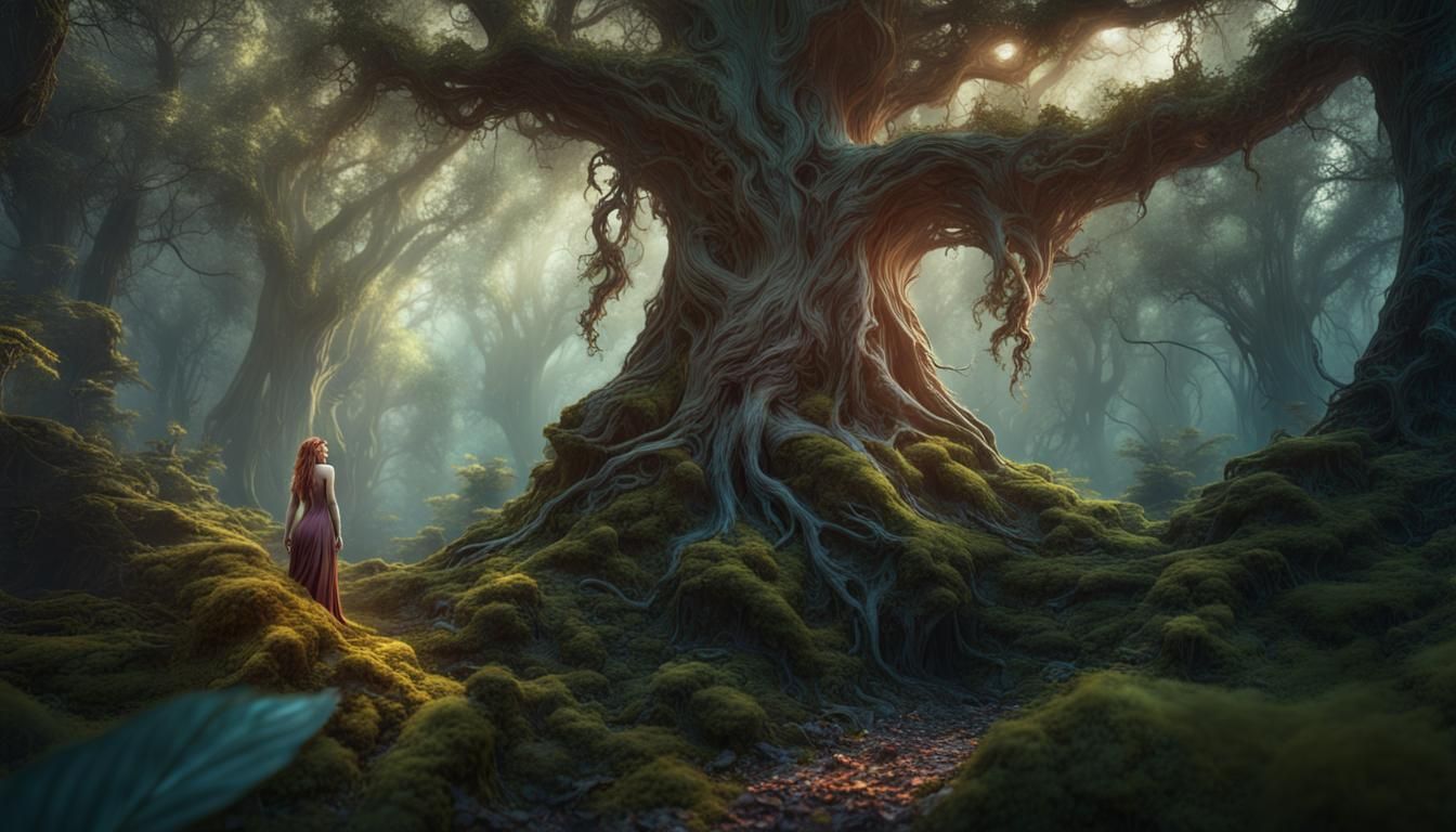 Wooden Dryad in Forest: Detailed Matte Painting