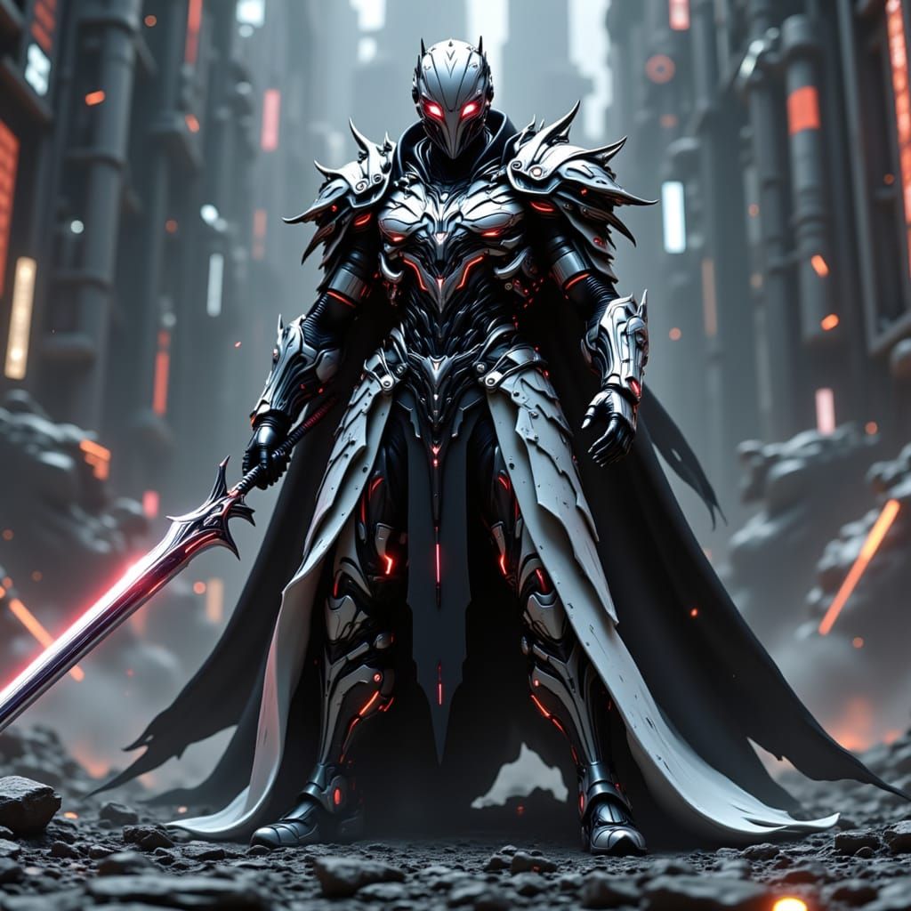 Archon knight, front view, full helmet, glowing smooth strea...