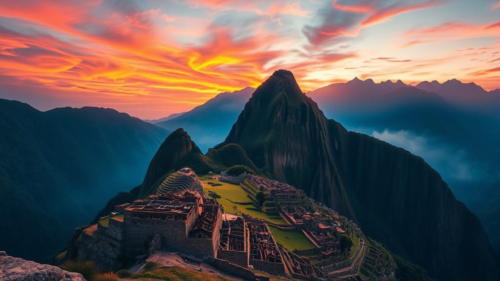 Cosmic Sunset Over Machu Picchu Illustration