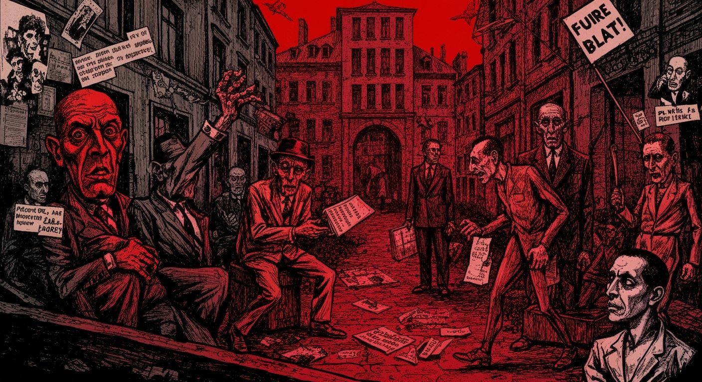 Dada Satire of Chaotic Urban Scenes with Grotesque Figures