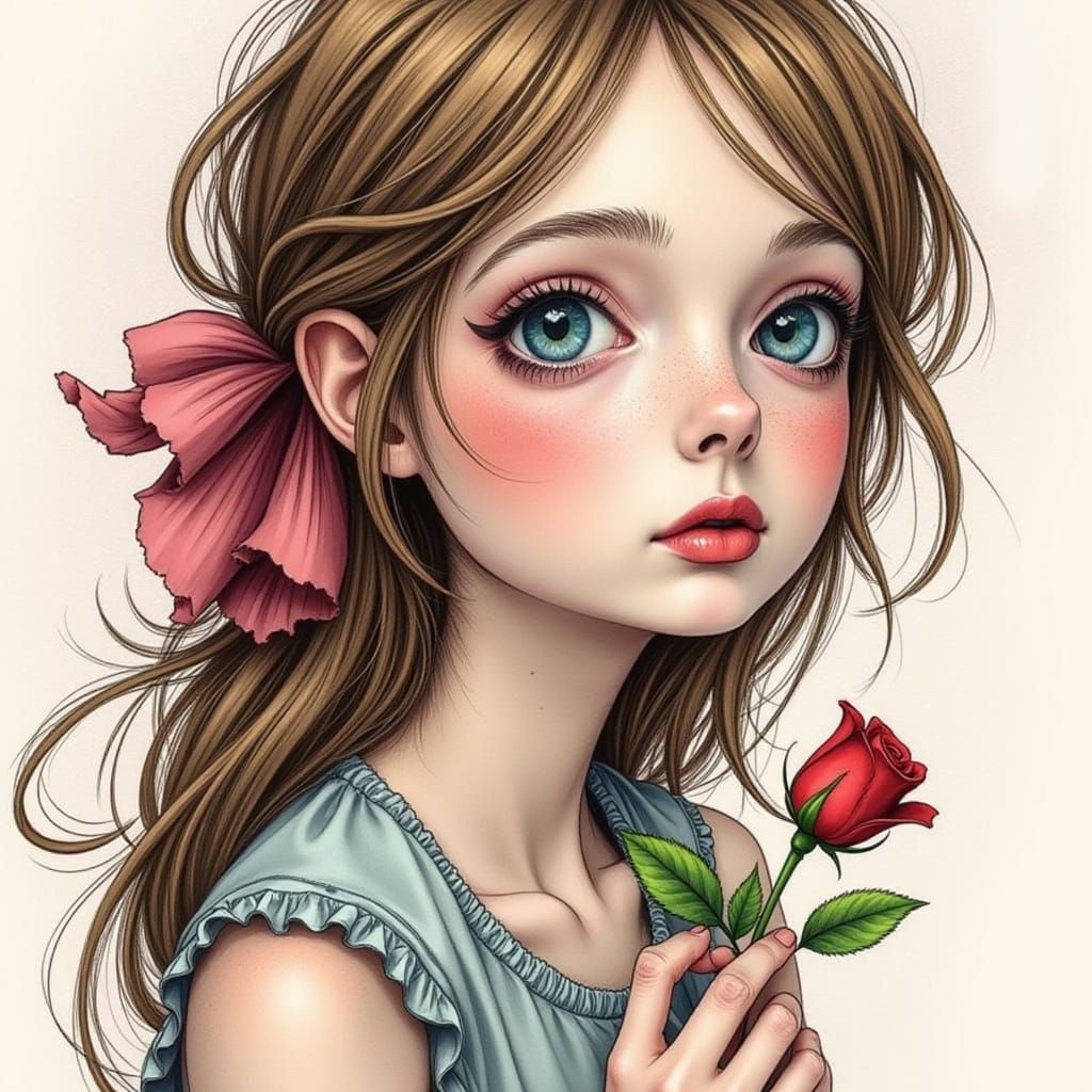Pastel Acrylic Portrait of Young Girl Holding a Rose in Awe