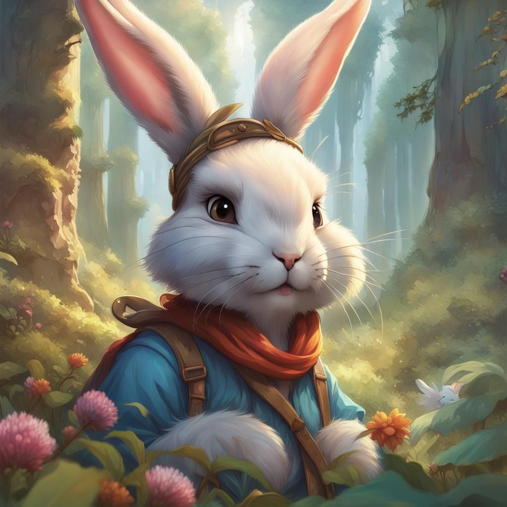 Magical Woodland Bunny Portrait in Art Nouveau Style