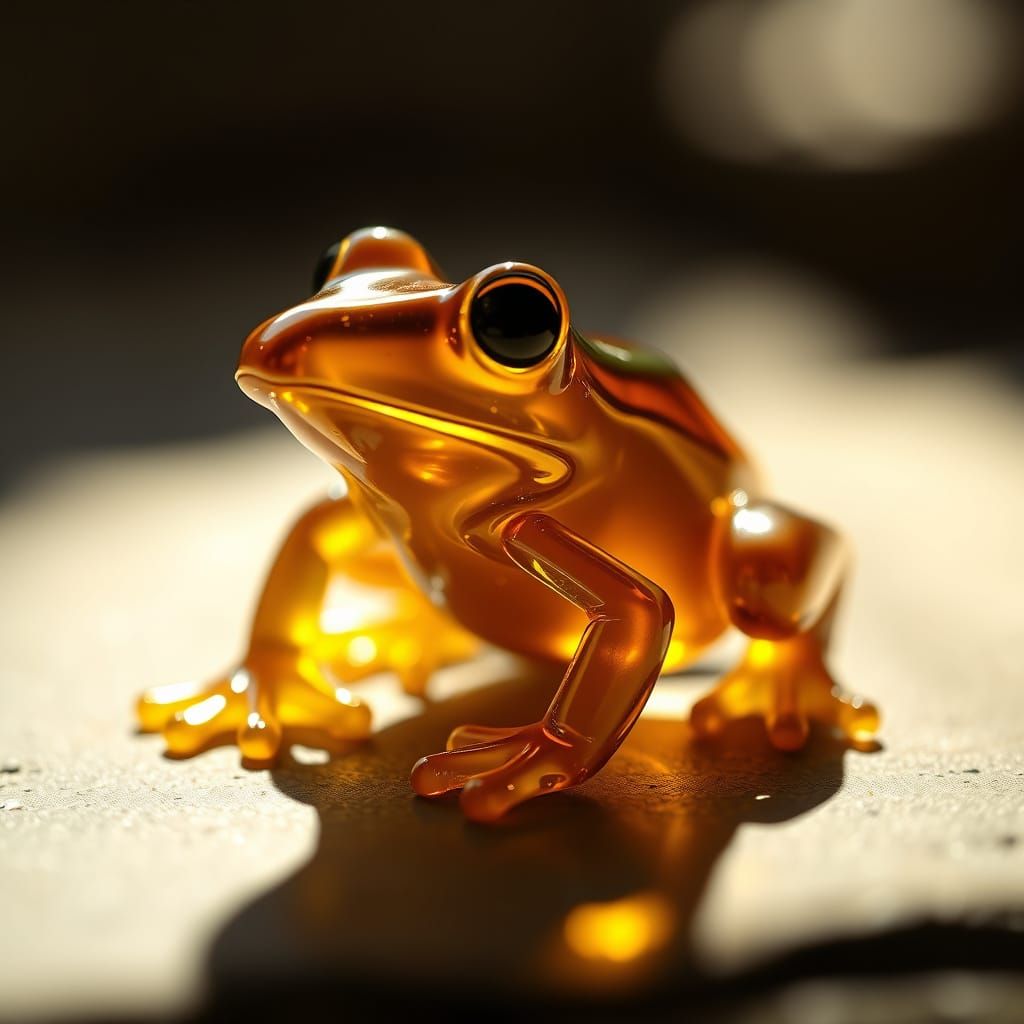 Translucent Caramel Glass Frog Figurine in Cinematic Style
