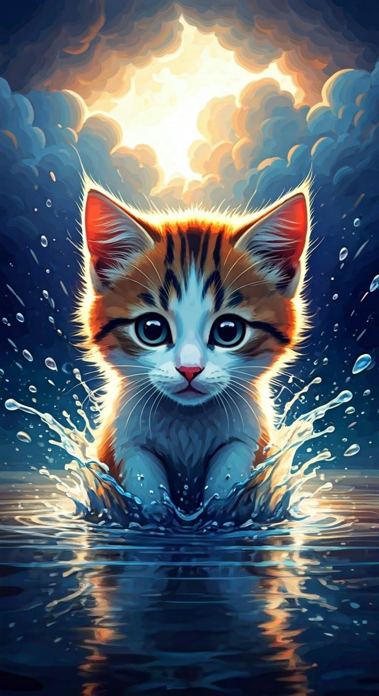 Kitten Splashing in Puddle with Fauvist Brushstrokes