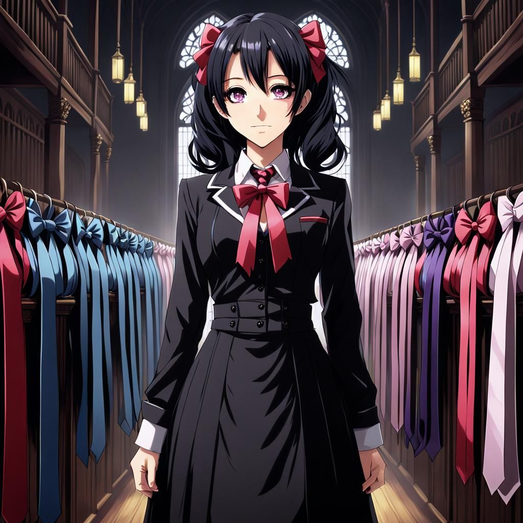 Happy Gothic Woman with Ribbon Tie in Anime Style