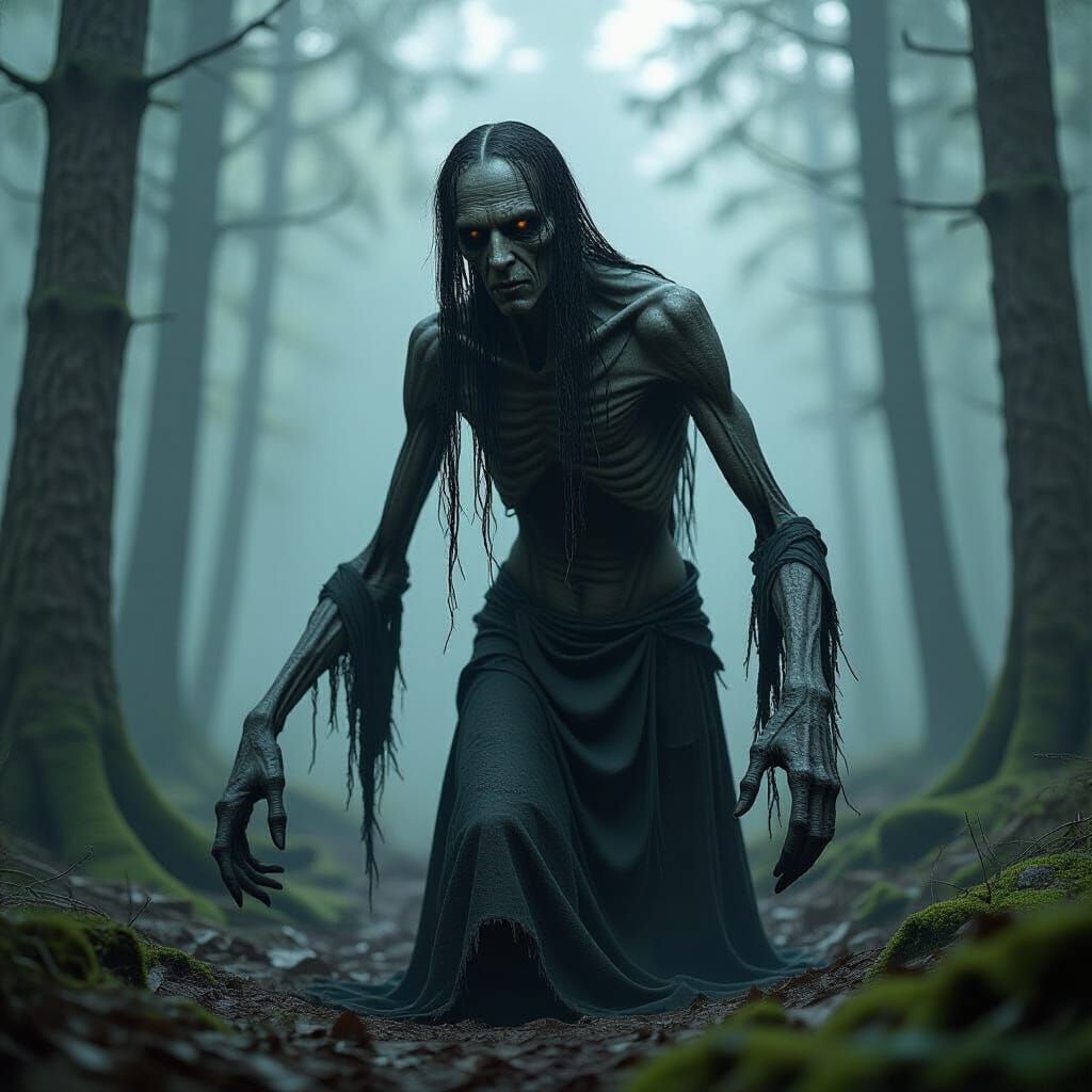 Gothic Horror Figure Emerges from Dark Forest