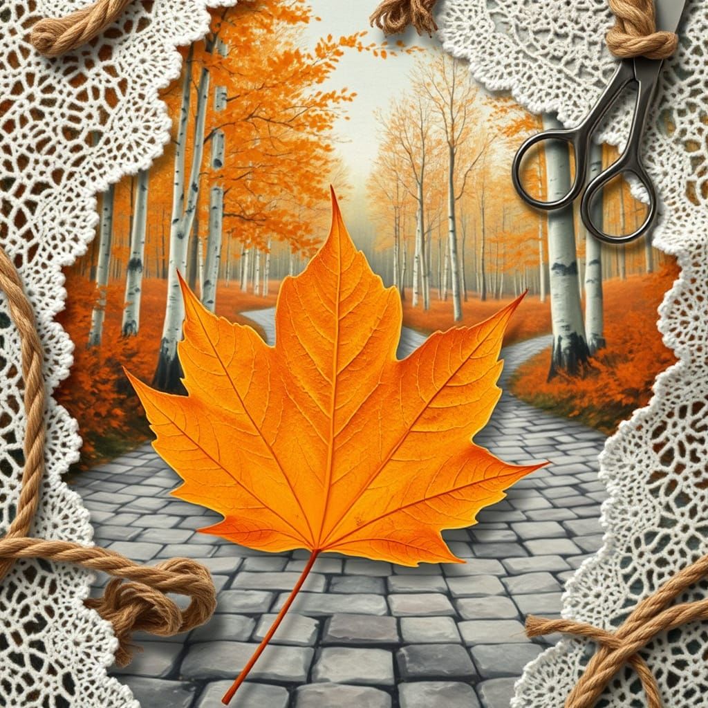 Detailed Maple Leaf in Autumn Forest Collage