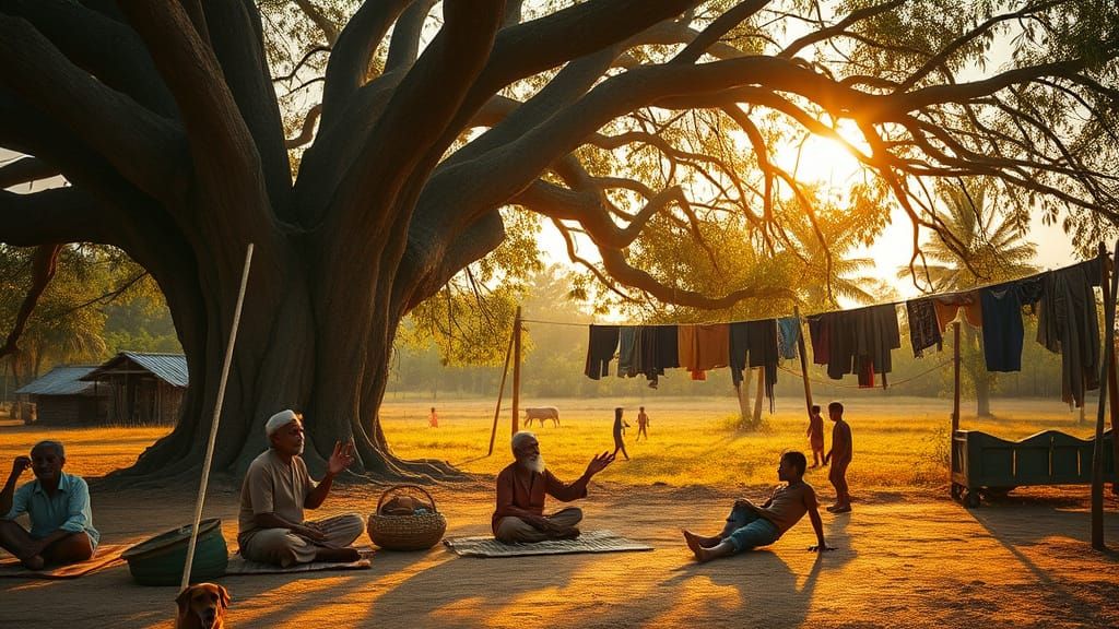 Tranquil Village Scene in Golden Light
