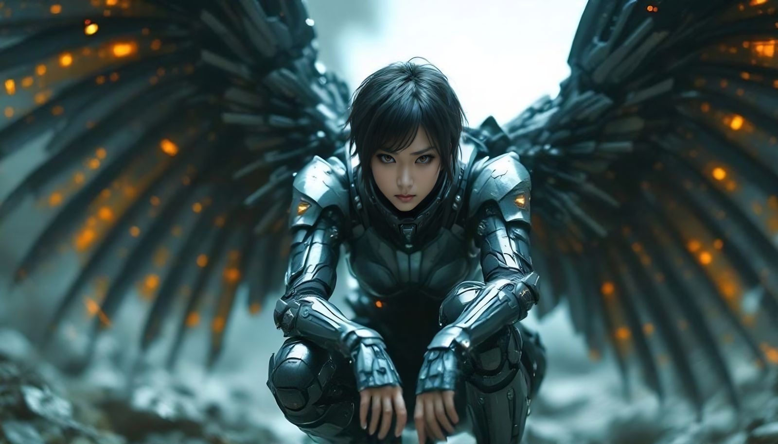 Cybernetic Huntress with Mechanical Wings