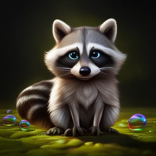 Cute Raccoon Playing with Bubbles in Oil Paint