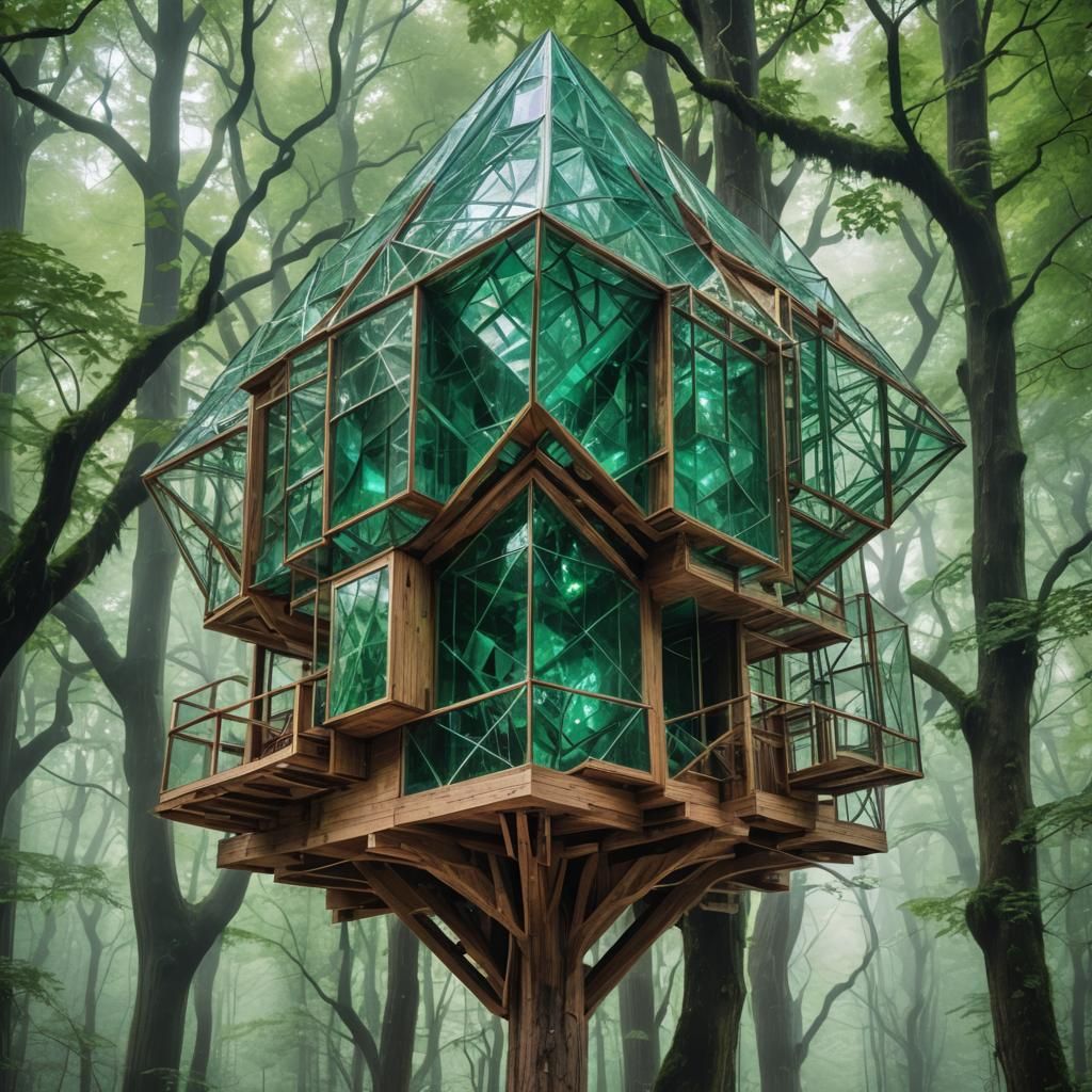 Cubist Structure in Emerald Forest, Digital Art