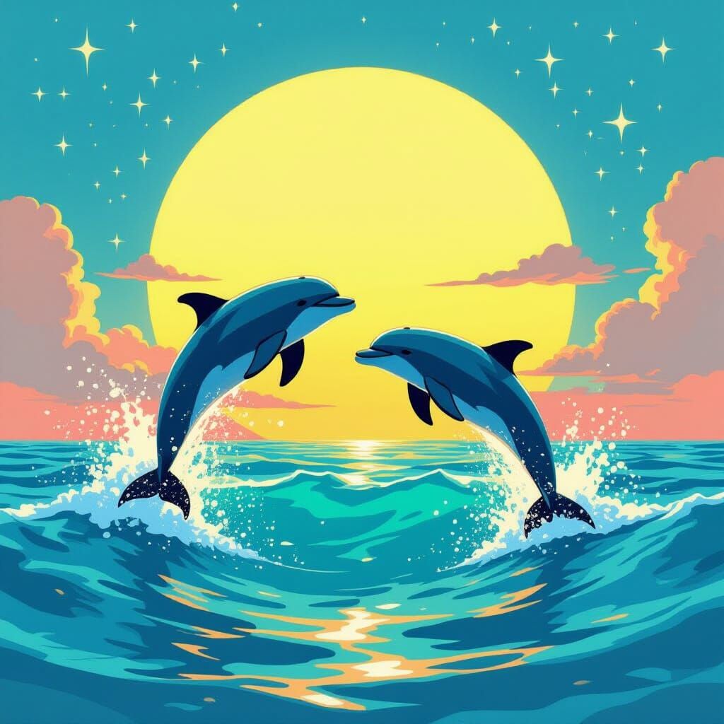 Dolphins Leaping in a Mystical Turquoise Sea