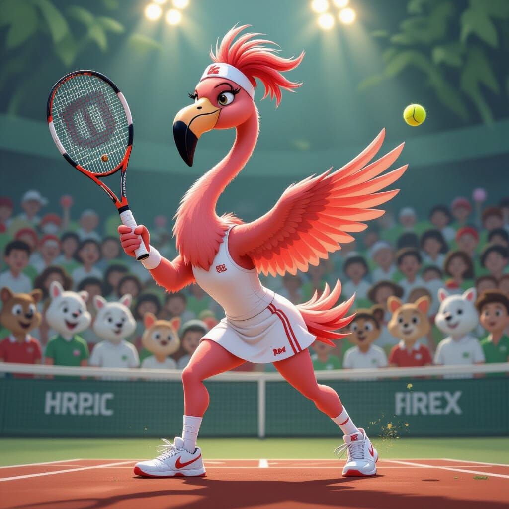 Cartoon Flamingo Tennis Player in Disney Animation Style