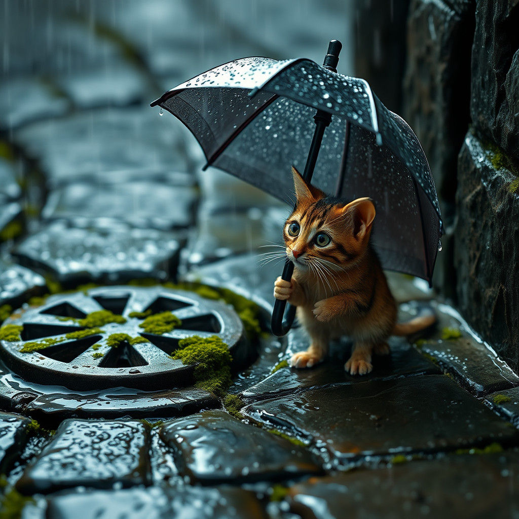 Cat and Mouse Share Umbrella in Rain