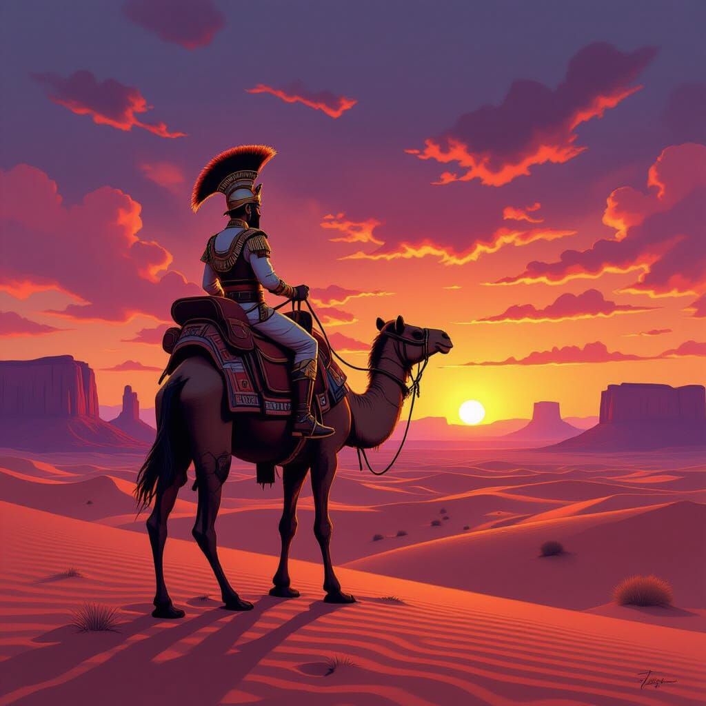 Anthropomorphic Camel Surveys Desert Oasis at Dusk