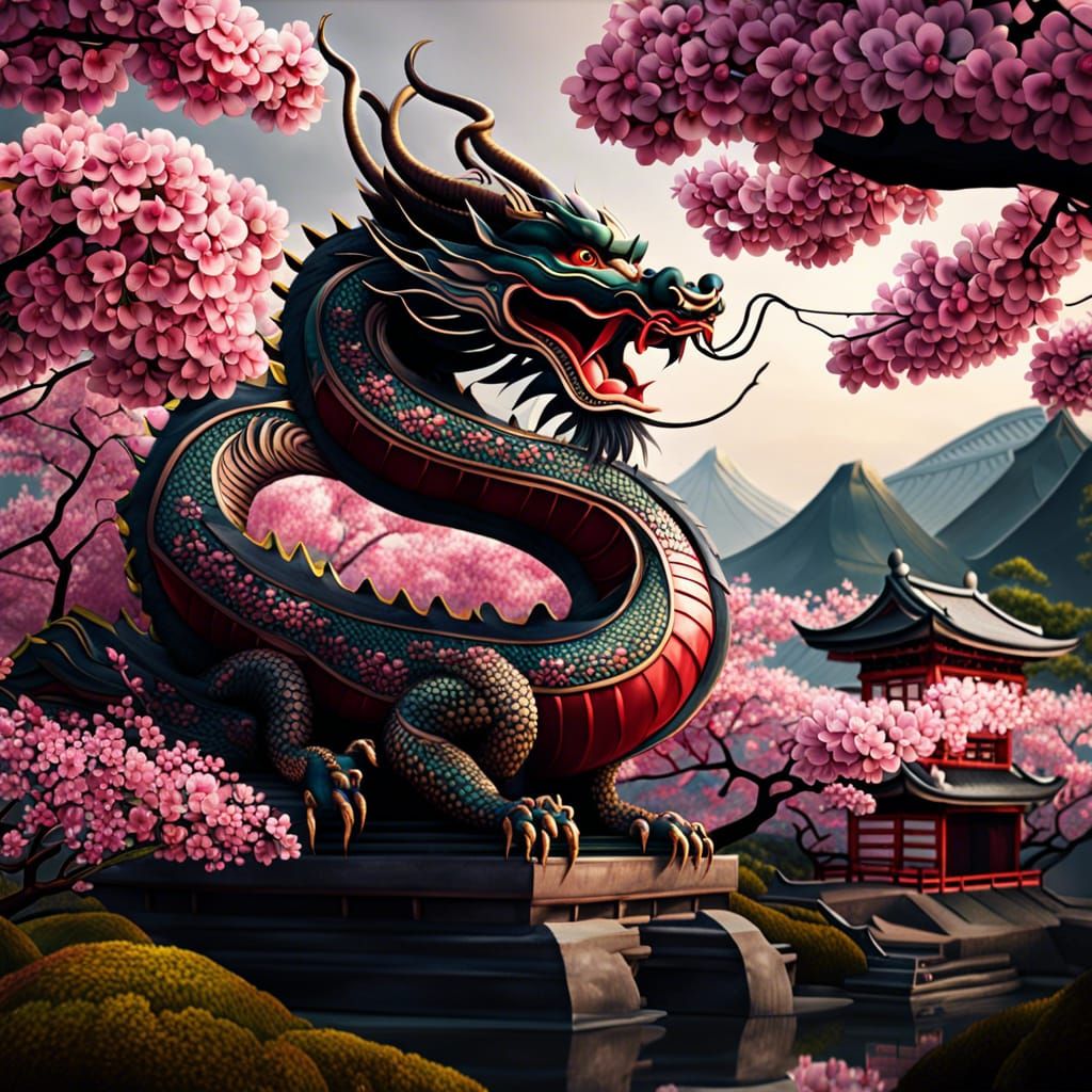 Cherry Blossom Dragon in Japanese Garden: Digital Painting