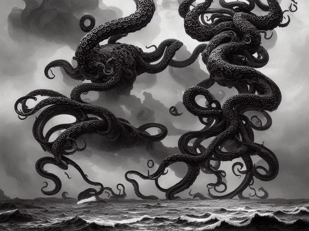 Golden Kraken Attacks Ship: Art Nouveau Style