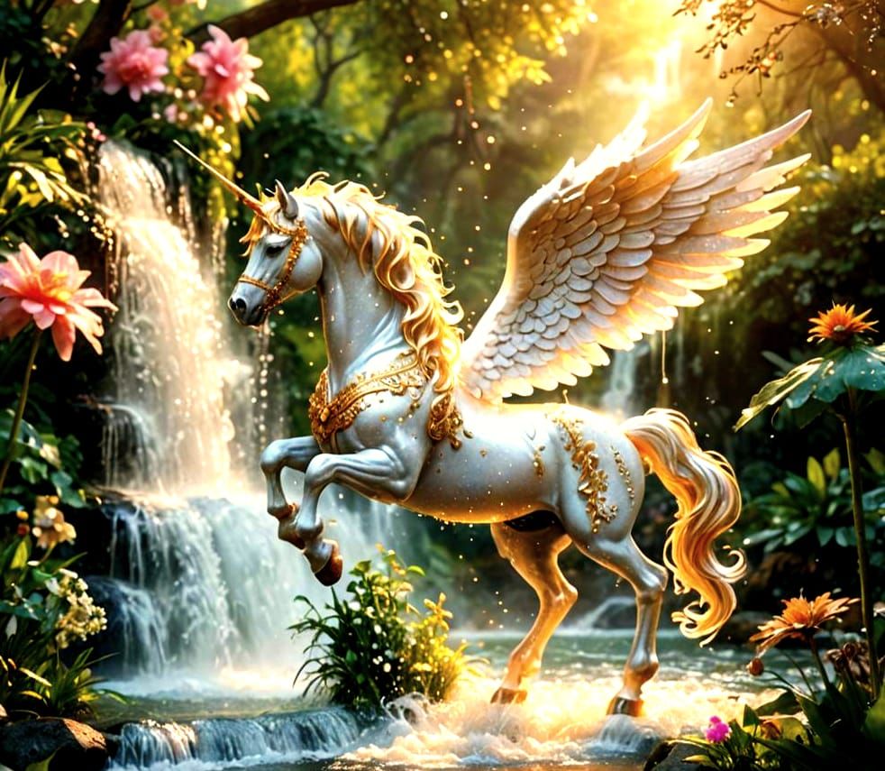 Unicorn-Pegasus in Magical Garden Waterfall, Candy Art