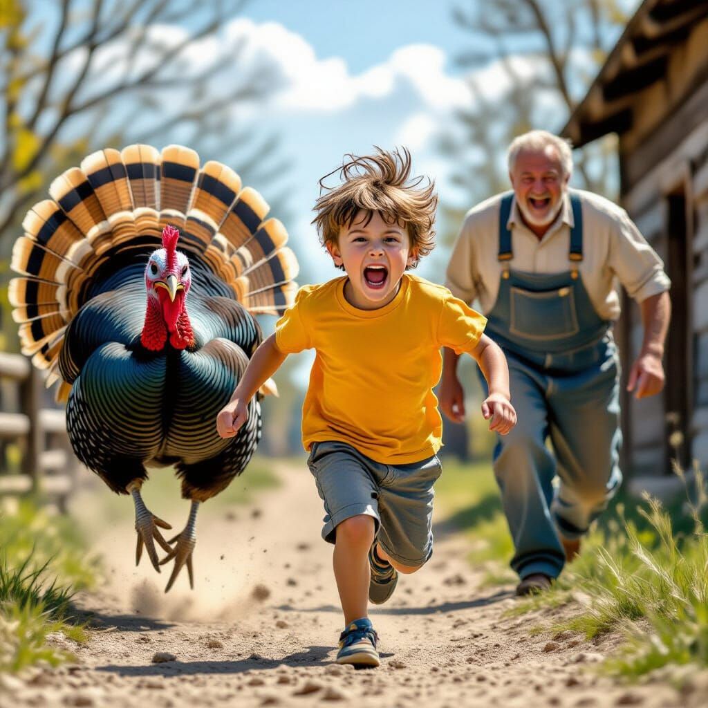 Boy Chased by Turkey: Hyperrealistic Digital Art