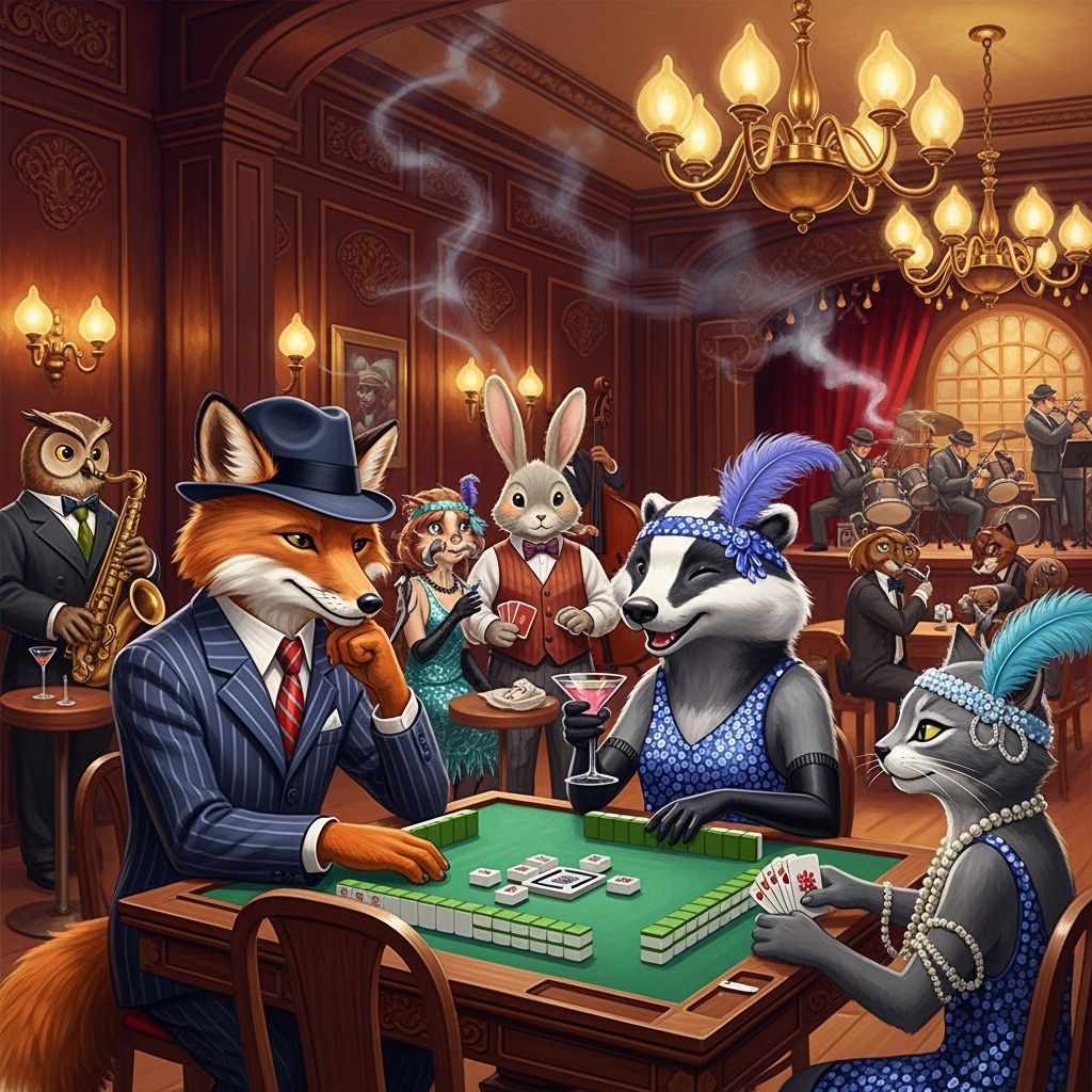 Anthropomorphic Animals Playing Mahjong in Vintage Speakeasy