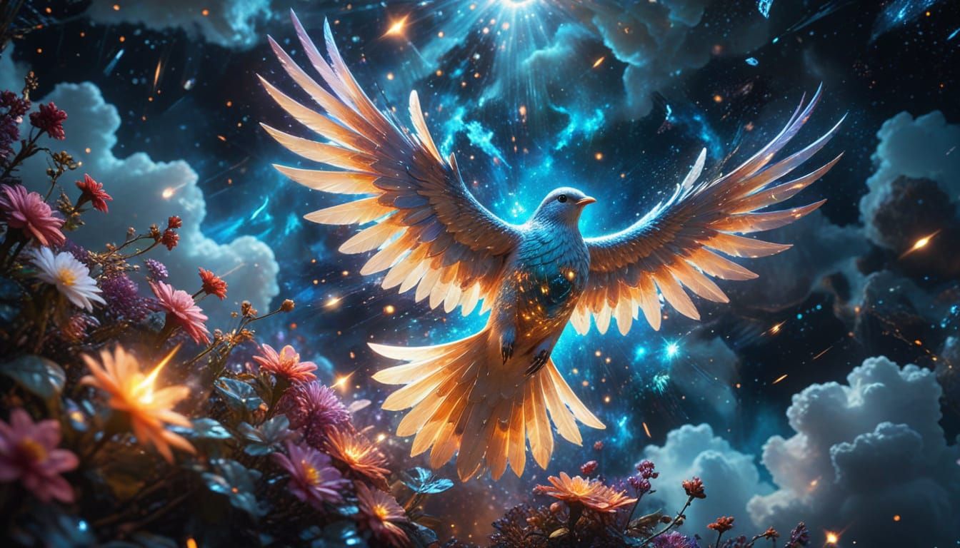 Celestial Bird Over Lush Floral Planet